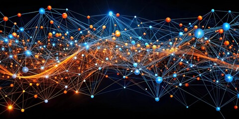 Poster - Connected Network: A mesmerizing abstract visualization of a complex network, with interconnected nodes and glowing lines in vibrant blue, orange, and red, against a deep black background, symbolizing