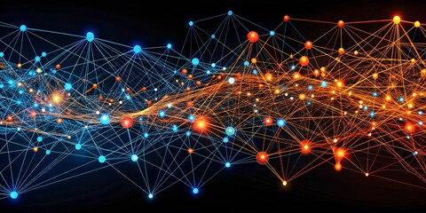 Poster - Connected Network: A mesmerizing abstract visualization of a complex network, with interconnected nodes and glowing lines in vibrant blue, orange, and red, against a deep black background, symbolizing