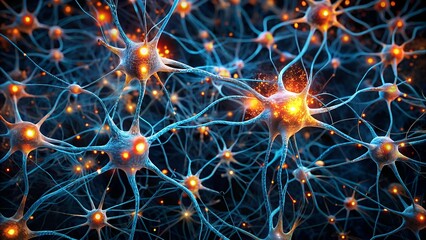Poster - neural network illumination: a vibrant 3d rendering of neurons firing, showcasing the intricate beau