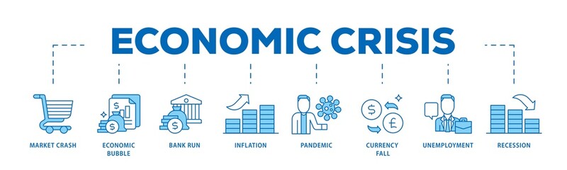 Poster - Economic crisis icon infographic illustration concept with icon of recession, unemployment, inflation, currency fall, pandemic, bank run icon png and easy to edit 