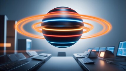 Poster - Cybernetic Sphere: Futuristic Tech Control Room with Glowing Sphere 