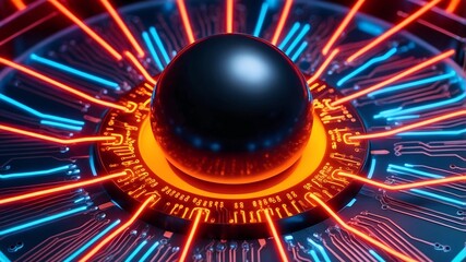 Poster - Cybernetic Core:  A glowing orb sits at the center of a futuristic circuit board, radiating neon energy in a mesmerizing display of technological advancement.  