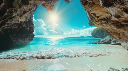 Wall Mural - A clear view through a cave opening to a bright, sunny beach.