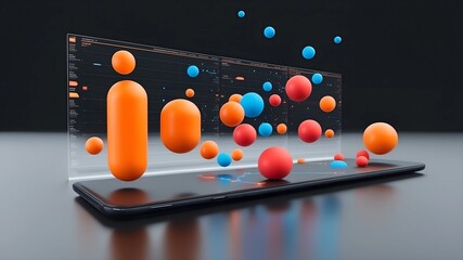 Poster - Data Visualization: Abstract 3D spheres in vibrant colors emerge from a transparent screen, representing a dynamic and ever-changing digital landscape. This image symbolizes data analysis, innovation,