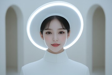 Poster - Portrait of a serene woman with a glowing halo symbolizing purity of thought and the integration of human mind and technology in a minimalistic futuristic environment