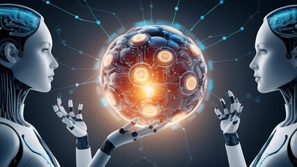 Poster - AI Genesis: Two futuristic robots collaborate, their hands delicately holding a glowing orb of intricate circuitry, symbolizing the birth of artificial intelligence and its boundless potential. 