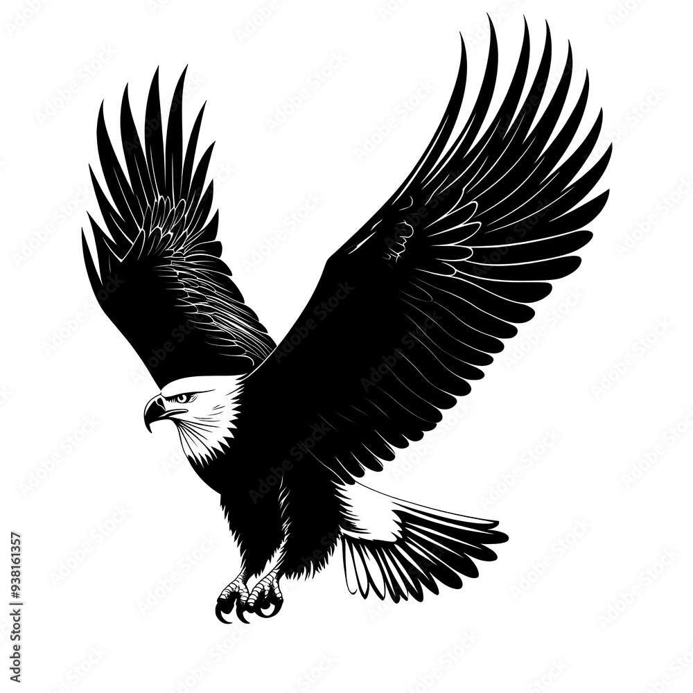 Black and white illustration of a bald eagle with wings spread wide ...