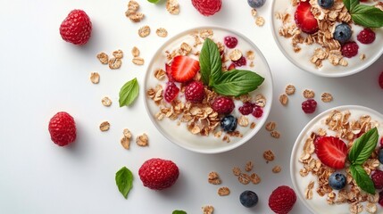 Wall Mural - Fresh berry yogurt bowl with oats and mint on a white background