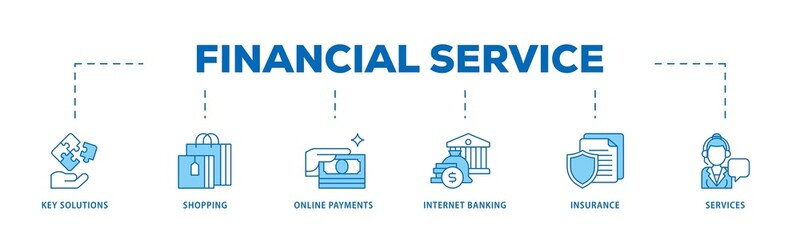Aufkleber - Financial service icon infographic illustration concept with icon of key solutions, shopping, online payments, internet banking, insurance and services icon png and easy to edit 