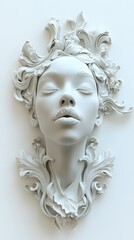 Wall Mural - 38. **A realistic 3D render of a ceramic art portrait featuring a serene poet with ornate facial details, isolated on a white background