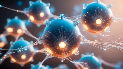 Poster - nanobots network: a web of glowing nanobots, intricately connected, pulsating with energy and potent