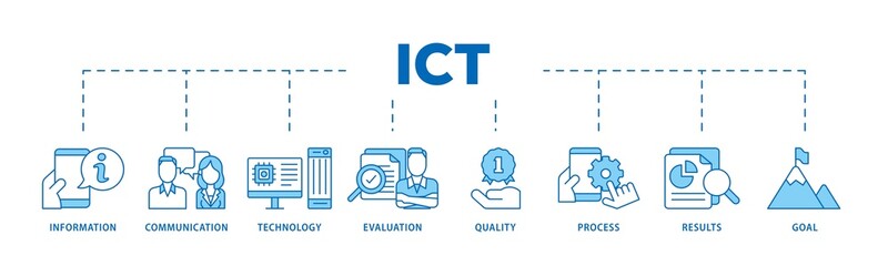 Aufkleber - ICT icon infographic illustration concept with icon of antenna, radio, network, website, database, cloud, server, data, electronic, and processor icon png and easy to edit 