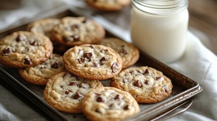 Freshly baked chocolate chip cookies with a glass of milk on a rustic tray