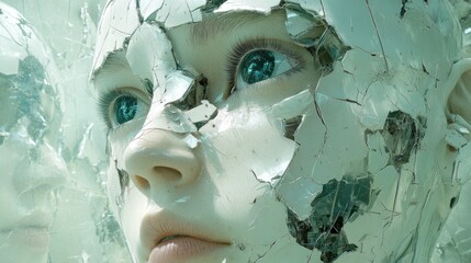 Wall Mural - Fractured Reality: A Broken Porcelain Face