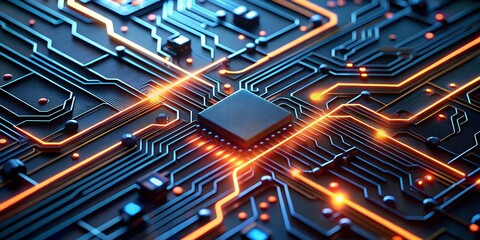 Poster - The Heart of Innovation: A close-up of a glowing CPU chip, nestled amidst intricate circuitry, sparks a sense of wonder and technological advancement. Its warm light symbolizes the power and potential