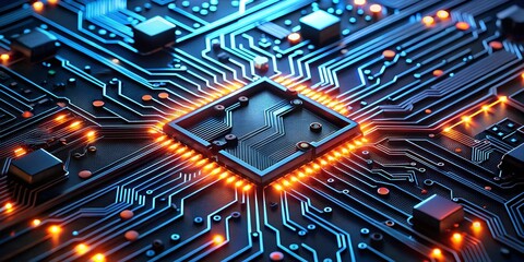 Poster - The Heart of Innovation: A close-up of a glowing CPU chip, nestled amidst intricate circuitry, sparks a sense of wonder and technological advancement. Its warm light symbolizes the power and potential