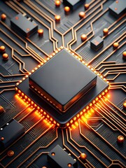 Poster - The Heart of Innovation: A close-up of a glowing CPU chip, nestled amidst intricate circuitry, sparks a sense of wonder and technological advancement. Its warm light symbolizes the power and potential