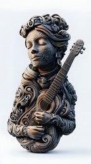 Wall Mural - 42. **A realistic 3D render of a ceramic art portrait featuring a charismatic musician with intricate designs, isolated on a white background