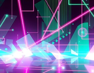 Wall Mural - an abstract electric background with geometric shapes and bright neon colors of pink and green flashing across the scene create with ai