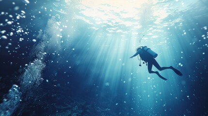 Wall Mural - Diver Ascending into Sunlit Ocean Depths