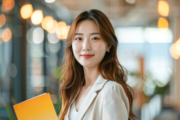 Wall Mural - A woman with long brown hair is smiling and holding a book