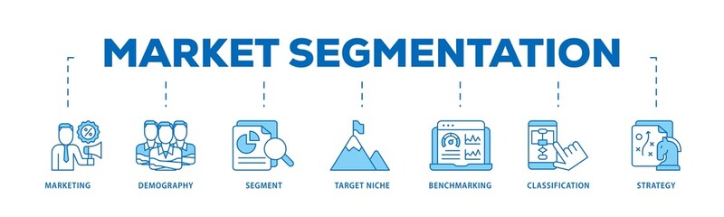Fototapete - Market segmentation icon infographic illustration concept with icon of marketing, demography, segment, target niche, benchmarking, classification, strategy icon png and easy to edit 