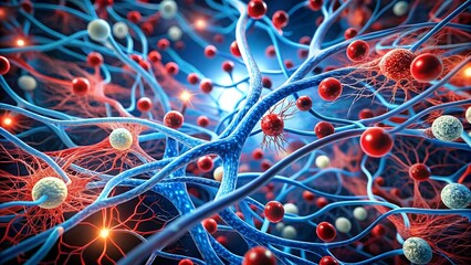 Poster - Intricate Neural Network: A mesmerizing digital illustration of a complex neural network, showcasing the intricate connections and pathways within the human brain. The abstract design features vibrant