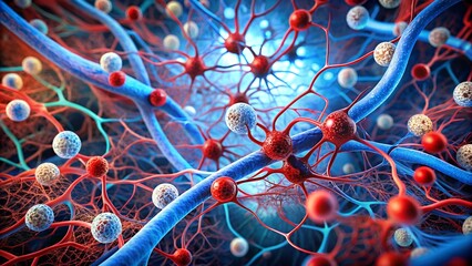 Poster - Intricate Neural Network: A mesmerizing digital illustration of a complex neural network, showcasing the intricate connections and pathways within the human brain. The abstract design features vibrant
