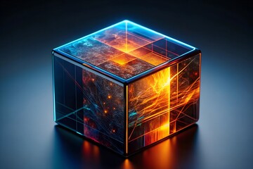 Poster - Quantum Core: A radiant cube pulsates with energy, its transparent shell revealing a complex network of circuitry, symbolizing the power and mystery of advanced technology. 