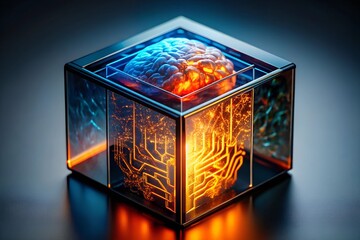 Poster - The Mind in the Machine: A conceptual image of a human brain encased in a glass cube, with intricate circuitry patterns radiating outwards, symbolizing the intersection of intelligence and technology.