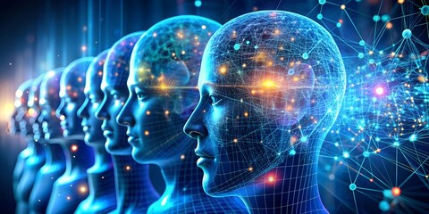 Poster - The Future of Thought: Two AI-powered minds merge, their digital consciousness merging in a vibrant, interconnected network of data and light. Abstract, conceptual, future, technology, 
