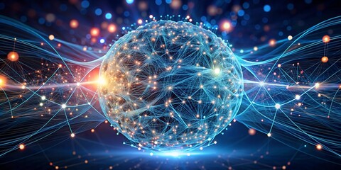 Poster - Global Network Convergence: A radiant sphere of interconnected nodes pulsates with data, symbolizing the interconnected nature of technology and the future of communication.