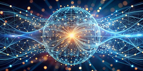 Poster - Global Network Convergence: A radiant sphere of interconnected nodes pulsates with data, symbolizing the interconnected nature of technology and the future of communication.