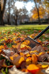 Wall Mural - Rake resting in vibrant autumn leaves at a park during sunset