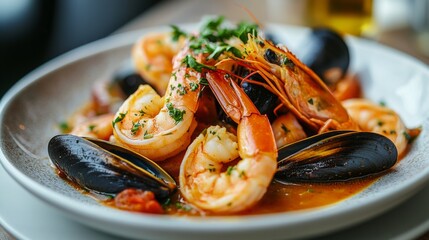 Wall Mural - Delicious seafood pasta with shrimp and mussels served in a restaurant