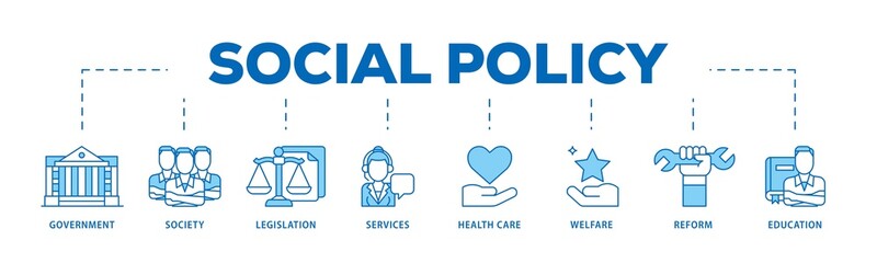 Poster - Social policy icon infographic illustration concept with icon of education, reform, services, welfare, health care ,legislation, society, government icon png and easy to edit 