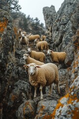 Wall Mural - Sheep grazing among rocky terrain in a serene countryside setting