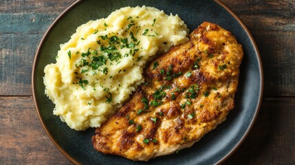 Wall Mural - Grilled chicken breast served with creamy mashed potatoes and parsley garnish