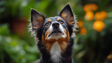 Wall Mural - A curious dog looking directly at the camera in a lush garden on a sunny day