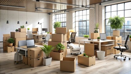 Brown boxes and office supplies scattered around a modern workspace with laptops and chairs, capturing the chaos of a relocation process in progress.