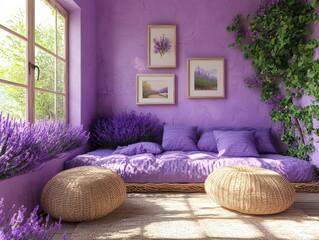 Cozy relaxing area at home lavender color with a stylish coffee table and elegant decor, creating a serene and inviting atmosphere.