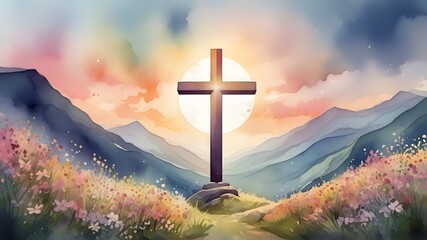 cross on the hill with flowers water color art