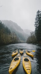 Poster - Yellow Kayaks on Misty River.