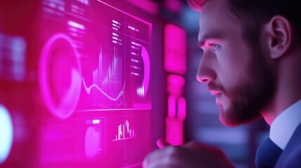 Poster - A focused man analyzes vibrant data visuals on a modern interface, showcasing insights and technology in a dynamic setting.
