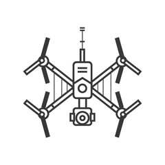 Black and white line art illustration of a drone with four propellers