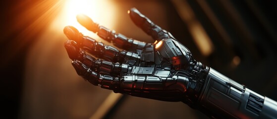 Poster - A futuristic robotic hand reaching towards a glowing orb, symbolizing advanced technology and innovation in robotics.