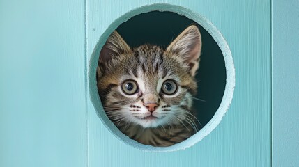 A curious tabby kitten peeks through a circular hole in a light blue wooden door.