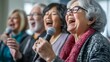 © Munali - A joyful group of diverse seniors enthusiastically singing together with microphones in a lively setting.