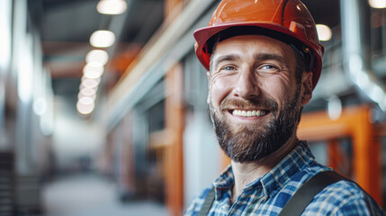 Poster - Confident Smiling Male Architect in Helmet Working in Bright Industrial Setting with Modern Manufacturing Background