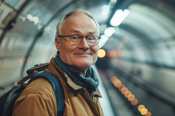 Poster - A man wearing glasses and a brown jacket is smiling in a subway tunnel